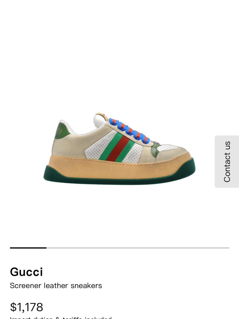 Gucci men Beige Leather Sneakers with Green & Red Stripes and Blue Laces